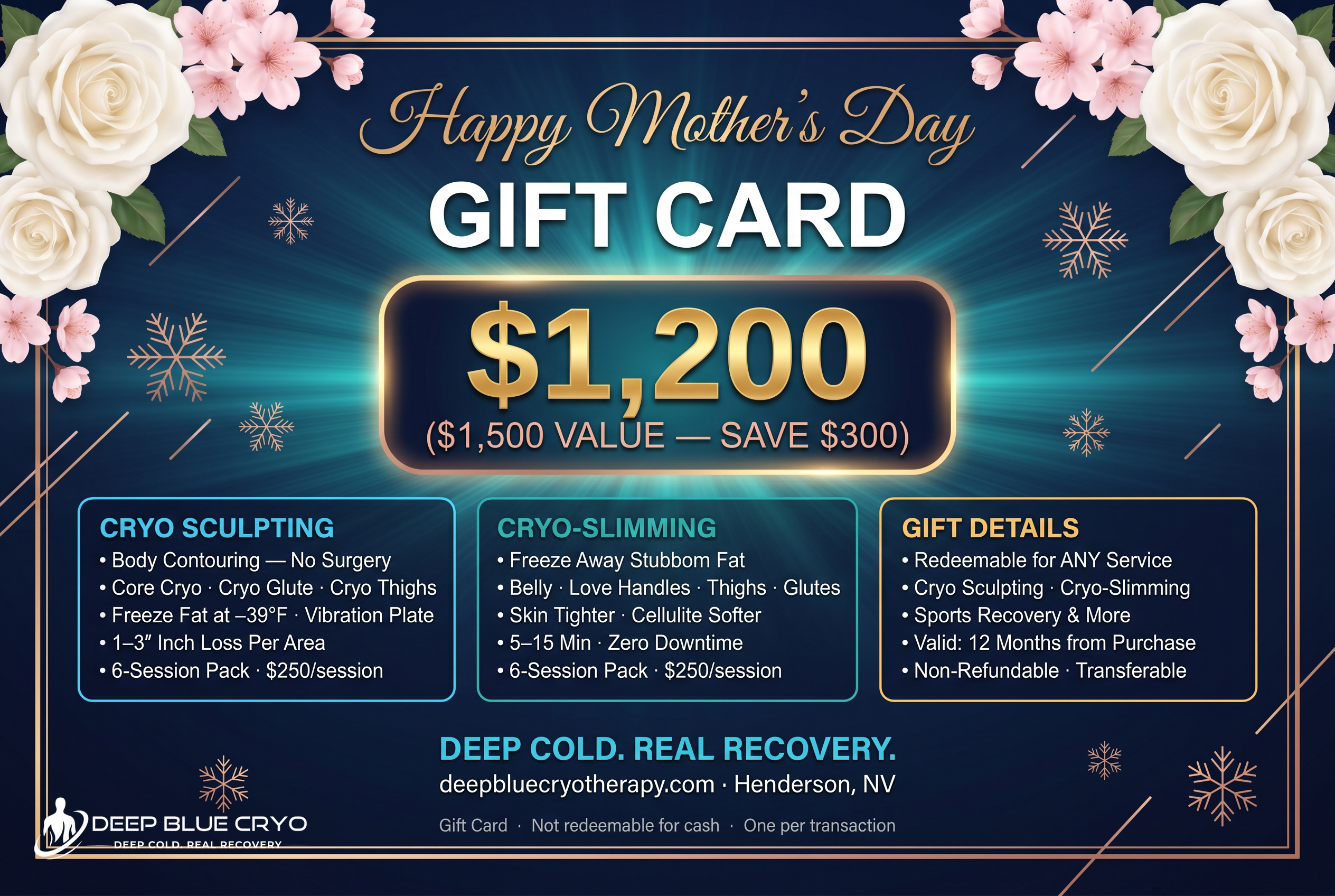 Deep Blue Cryotherapy Mother's Day Gift Card — $1,200 for $1,500 value